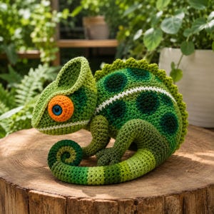 May include: A crocheted chameleon toy featuring a vibrant green body with darker green circular spots, a bright orange eye ring with a blue center, and a curled tail. The stuffed animal has a textured yarn surface and a white stripe along its back.