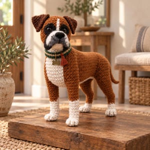 May include: A crocheted boxer dog figurine featuring brown, white, and black yarn. The dog has a white chest and paws, a black muzzle, and brown ears. It wears a green and white striped collar with a small bone-shaped tag and a red tassel.