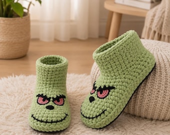Patrón de pantuflas del Grinch a crochet en PDF / Tutorial de pantuflas navideñas a crochet / Zapatillas de casa para las fiestas / Patrón de regalo divertido