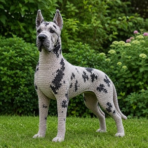 Op de afbeelding: Een handgemaakt gehaakt beeldje van een Duitse Dog met een harlekijnvachtpatroon met zwarte vlekken op een lichtgrijze achtergrond. Het beeldje heeft rechtopstaande oren, een gedefinieerde snuit en een staande houding met vier poten.