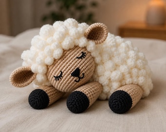 Patrón de amigurumi de oveja durmiente a crochet / Peluche de cordero con pompón (PDF)