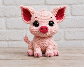 Peluche de cerdito de ganchillo hecho a mano / Peluche de cerdito amigurumi, juguete de granja rosa pastel