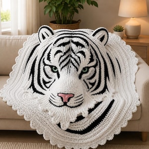 White Tiger Crochet Blanket Pattern | Realistic Animal Face Throw (PDF Download)
