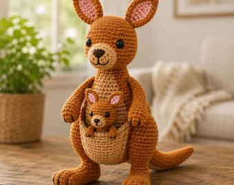 Peluche de canguro de ganchillo con cría / Decoración infantil de animales amigurumi