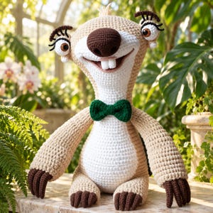 May include: A crocheted sloth plush toy featuring a tan body, a white belly, and a dark brown nose. The character has large eyes with dark lashes, two prominent white front teeth, and a small green bow tie. It has long arms with dark brown claws.