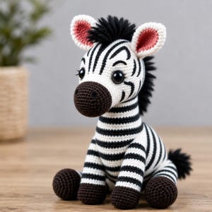 Può includere: Un giocattolo a forma di zebra fatto a mano all'uncinetto con strisce bianche e nere. La zebra ha una criniera nera, naso e piedi marrone scuro e grandi occhi neri. Le orecchie sono bianche con l'interno rosa. Il giocattolo è su una superficie di legno.