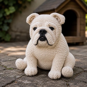 Può includere: Una statuetta di bulldog all'uncinetto color crema con una superficie in filato testurizzato, occhi marrone scuro e naso e bocca ricamati in nero. Il peluche è raffigurato in posizione seduta con dettagli delle zampe e orecchie arrotondate.