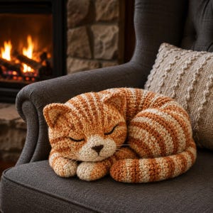 以下が含まれることがあります： オレンジとクリーム色の縞模様の、かぎ針編みの猫型クッションが、灰色の肘掛け椅子に丸まっています。クッションは目を閉じており、眠っている猫を連想させます。装飾用のクッションと暖炉が背景に見えます。
