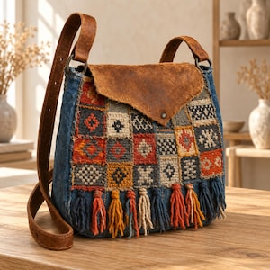 Op de afbeelding: Een schoudertas met een patchwork textiel voorkant met geometrische patronen in oranje, geel, grijs en zwart. De tas heeft een bruine leren klep, een bijpassende bruine leren schouderband en een rij kleurrijke garenkwastjes aan de onderkant.
