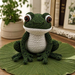 May include: A handcrafted crochet frog plush toy featuring a dark green textured body, a light cream-colored belly, and large brown eyes with white circular accents. The frog is depicted in a seated position with splayed legs and webbed feet.