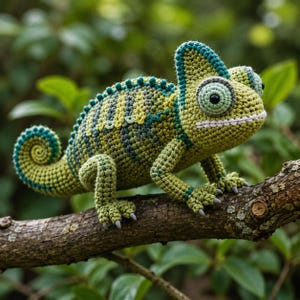 Puede incluir: Una figura de camaleón tejida a ganchillo con hilo en tonos verde claro y oscuro. La criatura tiene una cola enroscada, una cresta prominente en la cabeza, grandes ojos redondos con pupilas negras y pequeñas garras grises en los pies.