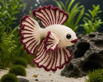Wzór na szydełkową rybkę bojownika w formacie PDF | Samouczek na amigurumi z bojownikiem syjamskim | Wzór na szydełkowe akwarium | Pluszowa ryba DIY