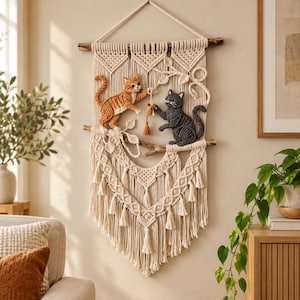 Op de afbeelding: Een crèmekleurige macramé wandhanger met twee katten, een oranje cyperse en een donkergrijze, die met een klein speeltje spelen. Het stuk hangt aan een houten tak en bevat ingewikkelde knooppatronen, bladaccenten en kwastjes.