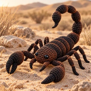 May include: A crocheted scorpion toy featuring a gradient of dark brown and black yarn. The creature has two large front pincers, eight segmented legs, and a curved tail ending in a stinger. It has two smooth, round, black plastic eyes.