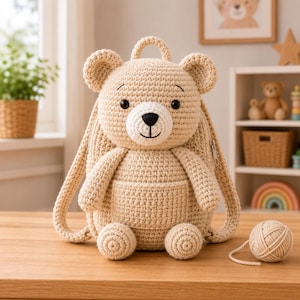 May include: A beige crochet bear backpack with a zipper closure, round ears, and a small pocket. The backpack has adjustable straps and a small handle. A ball of yarn sits next to the backpack on a wooden surface.