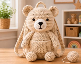Handmade Crochet Bear Backpack | Amigurumi Teddy Bag, Neutral Nursery Accessory