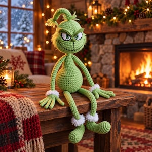 Pode incluir: Uma boneca de crochê verde com uma cabeça grande, orelhas pontudas e um sorriso largo e travesso. A figura tem braços e pernas longos e finos, com acabamento branco felpudo nos pulsos e tornozelos. Possui uma única mecha de cabelo amarrada.