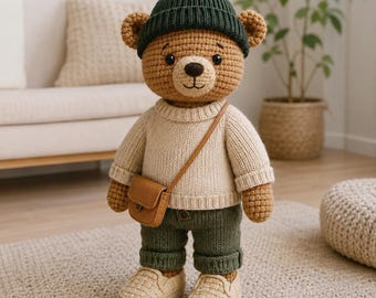 Oso de peluche de ganchillo hecho a mano / Juguete de peluche amigurumi con suéter, gorro y bolso.