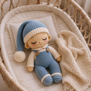 Puede incluir: Una muñeca tejida a crochet a mano con expresión de sueño, que presenta un gorro de dormir largo azul y crema con un pompón, una camisa de manga larga color crema y un overol azul con dos pequeños botones de madera y mejillas rosadas.