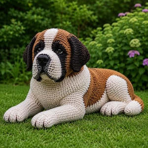 May include: A crocheted Saint Bernard dog figurine featuring a brown, white, and black yarn pattern. The plush toy has a white blaze on its face, dark brown ears, and a black nose, crafted with a visible textured stitch throughout its body.