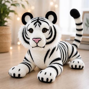 Può includere: Una tigre all'uncinetto fatta a mano, in posizione sdraiata. Il peluche presenta un corpo bianco con strisce nere, orecchie nere e una coda a strisce bianche e nere. La tigre ha un naso rosa e occhi marroni.