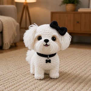 May include: A white crocheted stuffed dog toy with long, textured yarn fur, large black eyes, and a small pink tongue. The dog wears a black crocheted collar with a black bone-shaped charm and a matching black crocheted bow on its head.