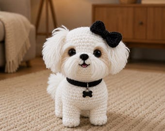 Patrón de ganchillo para perro maltés / Juguete de cachorro amigurumi esponjoso (PDF)