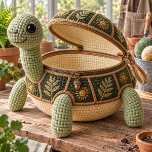 Può includere: Un cestino portaoggetti all'uncinetto a forma di tartaruga con coperchio incernierato. Il guscio presenta pannelli verde scuro con girasoli e foglie di felce ricamati in giallo, bordati con filato marrone chiaro.