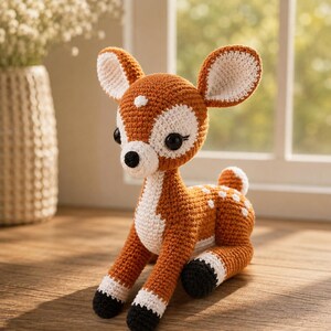 May include: A crochet deer plush toy featuring a brown body with white patches on the face, chest, and back. The deer has large black eyes, pointed ears with white centres, and black-tipped hooves. The texture is consistent with yarn stitching.