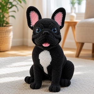 Puede incluir: Un perro bulldog francés negro tejido a mano con un parche blanco en el pecho, orejas internas rosas y ojos azules. El perro está sentado sobre una alfombra de color claro. La lengua del perro es rosa y está afuera. Es un artículo decorativo.