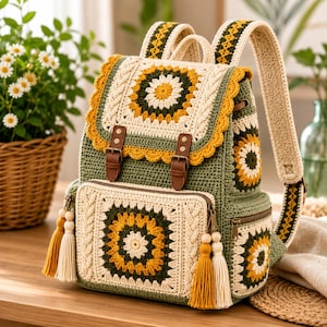 May include: A crochet backpack featuring a granny square pattern in cream, olive green, and mustard yellow. The bag includes a top flap with two brown faux leather buckle straps, a front zippered pocket with two tassels, and adjustable shoulder straps.