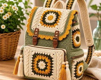 Patrón de mochila de ganchillo en PDF / Tutorial de mochila cuadrada estilo abuela / Patrón de bolso de ganchillo bohemio / Mochila floral DIY
