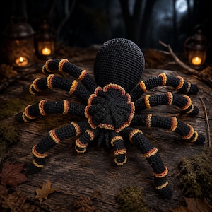 May include: A crocheted spider toy featuring a large black rounded body and eight long legs. The legs are primarily black with horizontal bands of orange and yellow yarn. A central black circular section is edged with orange and yellow trim.