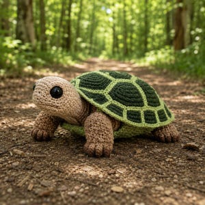 Pode incluir: Uma tartaruga de crochê feita à mão com cabeça e membros bege, e uma carapaça verde e verde claro. A tartaruga está colocada em um caminho de terra em uma floresta.