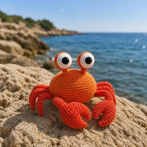 May include: A bright orange crochet crab with large, white-rimmed eyes and red claws. The crab is handmade and sits on a sandy surface, with the sea and sky in the background. The crab has a round body and is a whimsical, handcrafted item.