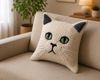 Patrón de tejido para cojín de gato en PDF / Patrón de funda de cojín de gato adorable / Diseño de cojín de animal tejido / Decoración del hogar DIY