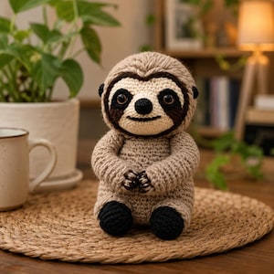 Pode incluir: Um bicho de pelúcia de bicho-preguiça feito de crochê com corpo castanho claro, manchas oculares castanho escuro, nariz preto e pés pretos. O brinquedo tem uma cabeça redonda com detalhes em fio texturizado, olhos escuros grandes e boca costurada.
