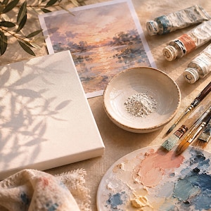 May include: A still-life composition featuring art supplies. A white canvas, a watercolor painting, paint tubes, brushes, a ceramic bowl with powder, and a palette with mixed paint colors are arranged on a textured surface. The scene is illuminated by natural light.