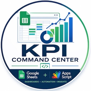 May include: A circular graphic with the text "KPI COMMAND CENTER" in navy blue. The design includes charts, graphs, and the Google Sheets and Apps Script logos. The words "DASHBOARDS • AUTOMATION • INSIGHTS" are also present.