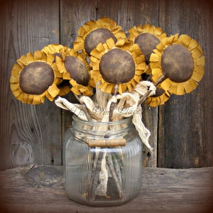 Primitive Fabric Sunflowers on Sticks ~ Primitive Sunflower ~ Primitive Decor ~ Primitive Fall Decor ~ Crock Fillers ~ Autumn Decor