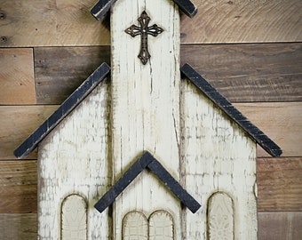 Rustic Wooden Church - Primitive Church - Farmhouse Decor - Religeous Decoration - Primitive Home Decor - Leaner - Wall Hanger - Wood Craft