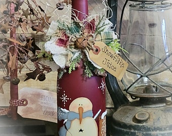 Bouteille de vin de bonhomme de neige primitif ~ Décor de bonhomme de neige ~ Décor de Noël ~ Décor d’hiver ~ Bonhommes de neige ~ Cadeau de Noël ~ Bouteille de vin peinte