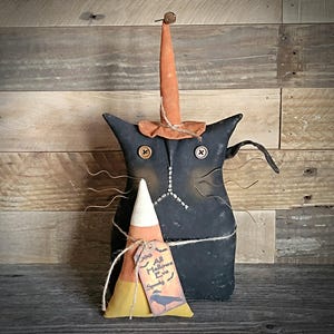 Primitive Halloween Cat Doll with Candy Corn ~ Halloween Decor ~ Black Cat ~ Folk Art Cat ~ Halloween Tablesitter ~ Pimitive Fall Decor