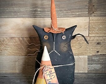 Primitive Halloween Cat Doll with Candy Corn ~ Halloween Decor ~ Black Cat ~ Folk Art Cat ~ Halloween Tablesitter ~ Pimitive Fall Decor