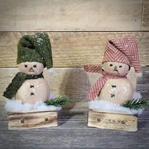 Primitive Little Snowman On Block of Wood - Primitive Winter Decor - Christmas Decor - Farmhouse - Country - Shelf Sitter - Gift