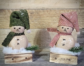 Primitive Little Snowman On Block of Wood - Primitive Winter Decor - Christmas Decor - Farmhouse - Country - Shelf Sitter - Gift