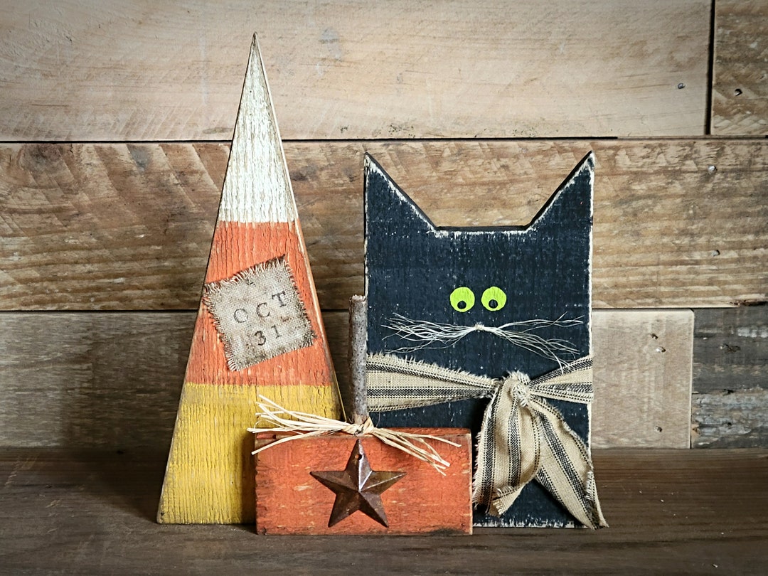 Primitive Wood Halloween Decor ~ Candy Corn ~ Pumpkin ~ Black Cat ...