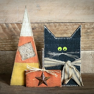 Primitive Wood Halloween Decor ~ Candy Corn ~ Pumpkin ~ Black Cat ~ Shelf Sitter ~ Table Sitter ~ Oct. 31 ~ Fall Decor ~ Rustic ~ Handmade