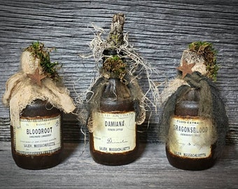 Primitive Halloween Decor ~ WitchPotion Bottles ~  Witch Potion Decor ~ Witchy Decor ~ Spooky Decor - Grubby Halloween Bottles - Fall Decor