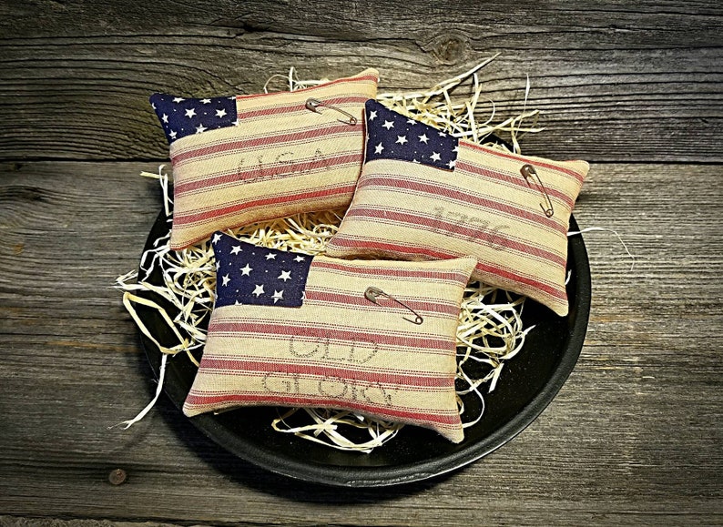 May include: Three small decorative pillows with an American flag design. Each pillow has a safety pin attached and is embroidered with the words "USA", "Old Glory", and "America". The pillows are sitting on a black tray filled with shredded paper.